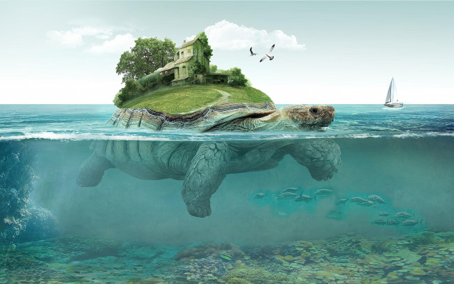 Обои картинки фото фэнтези, фотоарт, черепаха, монстр, вода, огромная, дом, остров, море, океан, оазис, плывёт