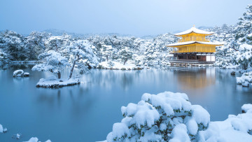 Картинка города киото+ япония киото кинкаку дзи зима природа озеро снег