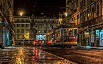 обоя города, лиссабон , португалия, огни, дома, улица, трамвай, памятник