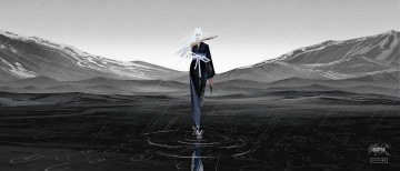 Картинка аниме оружие +техника +технологии девушка кимоно дождь горы озеро