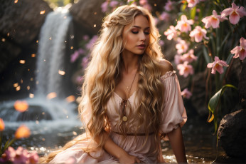 Картинка рисованное люди грудь девушка цветы природа ресницы водопад макияж платье блондинка длинные волосы локоны закрытые глаза ии-арт нейросеть