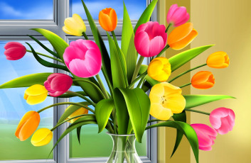 обоя рисованное, цветы, тюльпаны, букет, ваза, окно