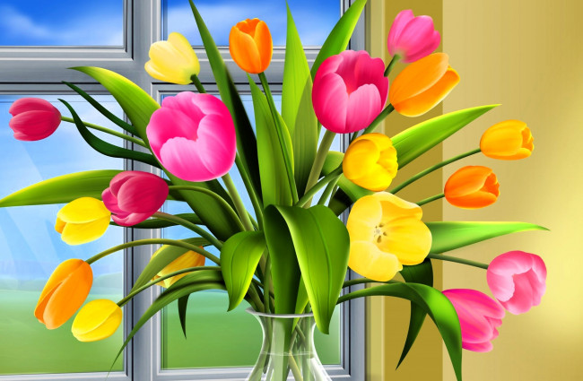 Обои картинки фото рисованное, цветы, тюльпаны, букет, ваза, окно
