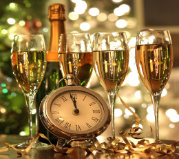обоя happy, new, year, праздничные, угощения, часы, шампанское, новый, год