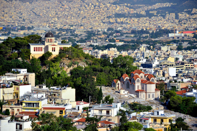 Обои картинки фото города, афины, греция, крыши, дома, панорама, церковь