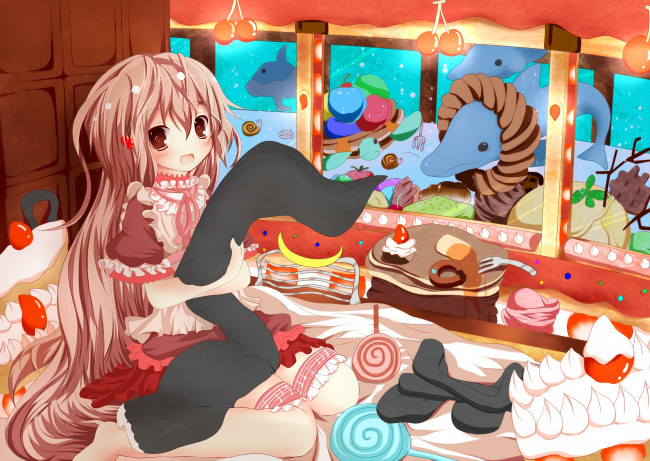 Обои картинки фото аниме, *unknown, другое, платье, девушка, торт, сладости