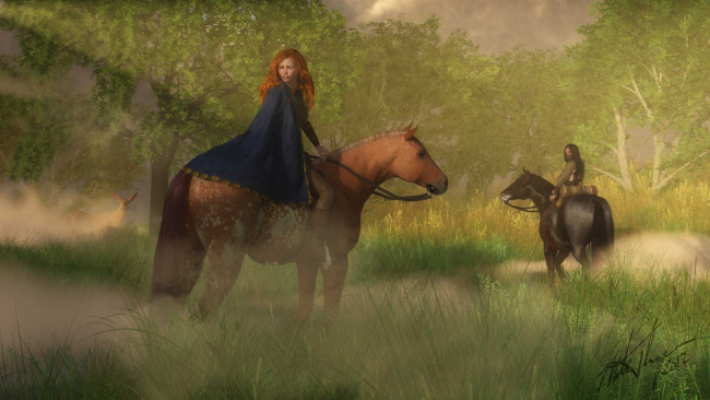 Обои картинки фото 3д графика, people , люди, олень, лес, лошади, девушки