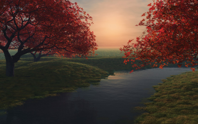 Обои картинки фото 3д графика, nature, landscape , природа, деревья, поле, река