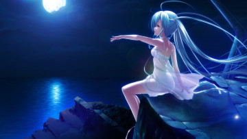 Картинка аниме gensou+no+idea труба растения утес скала море вода полнолуние облака небо девушка платье луна sakaki maki kokoro