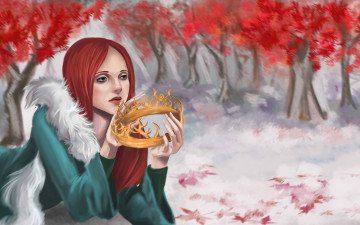 Картинка рисованное люди мех листья деревья лежа корона девушка
