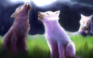 обоя рисованное, животные,  волки, волчата, трава