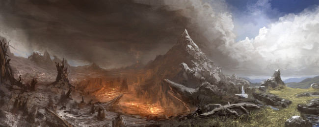 Обои картинки фото рисованное, природа, пожар, гора, пейзаж, zack, moores, огонь
