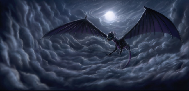 Обои картинки фото фэнтези, драконы, дракон, облака, ночь, небо, полёт, крылья