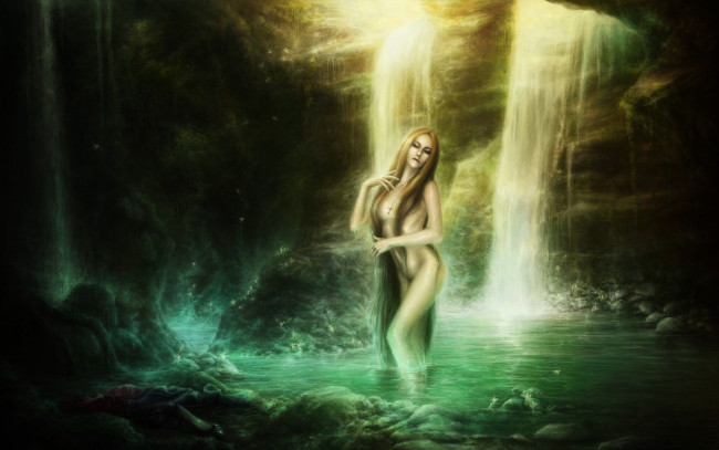 Обои картинки фото рисованное, люди, волосы, купание, обнажена, скалы, вода, арт, девушка, водопад