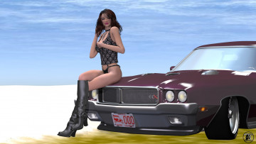 Картинка 3д+графика люди-авто мото+ people-+car+ +moto девушка взгляд автомобиль фон