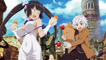 обоя аниме, danmachi, девушка, взгляд, фон, парень