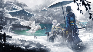 обоя аниме, touken ranbu, tsurumaru, kuninaga, touken, ranbu, ice, арт, аист, зима, mikazuki, munechika, снег, мужчины, дома