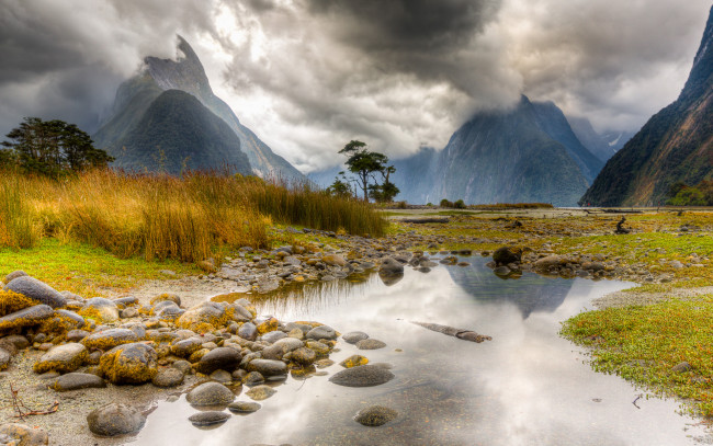 Обои картинки фото природа, горы, озеро, новая, зеландия, милфорд, саунд