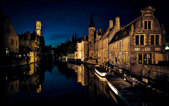Обои картинки фото города, брюгге , бельгия, канал, ночь