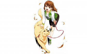 Картинка аниме животные +существа листья поводок собака девушка