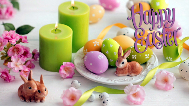 Обои картинки фото праздничные, пасха, крашенки, свечи, кролики