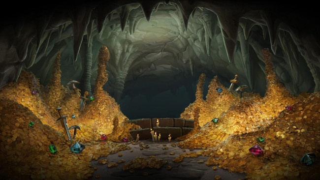 Обои картинки фото фэнтези, другое, пещера, сокровища, золото, меч, деньги, камни, драгоценности, клад