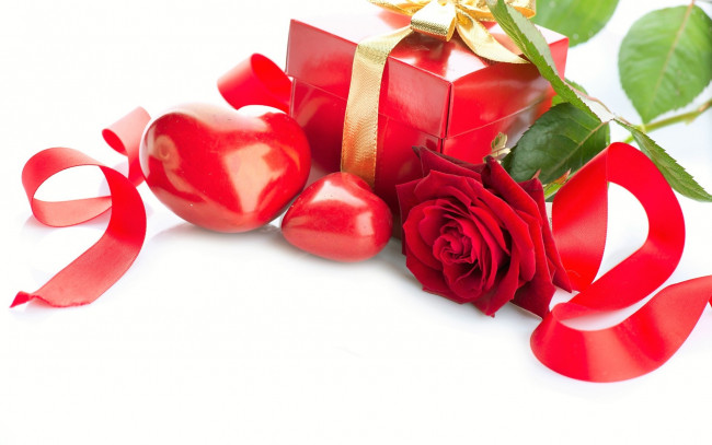 Обои картинки фото праздничные, подарки и коробочки, сердечки, лента, коробка, подарок, роза