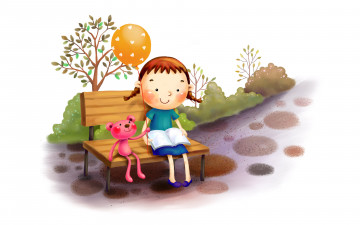 Картинка рисованное дети девочка мишка шар скамейка
