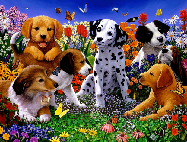 Обои картинки фото рисованное, животные,  собаки, щенки, породы, цветы, бабочки