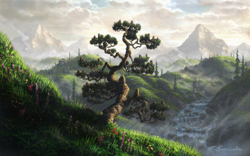 Картинка рисованные природа дерево трава цветы река холмы