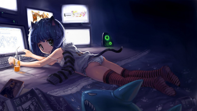 Обои картинки фото аниме, animals, компьютер, catgirl