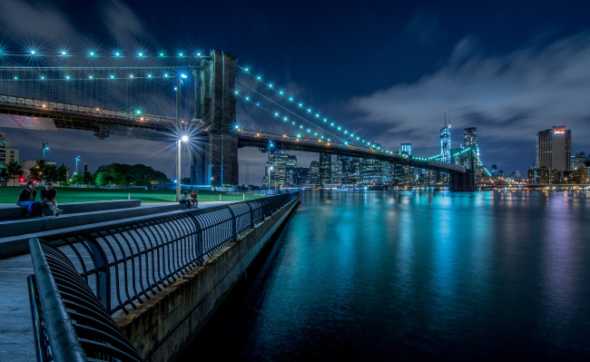 Обои картинки фото города, нью-йорк , сша, бруклин, мост, ночь, огни, река