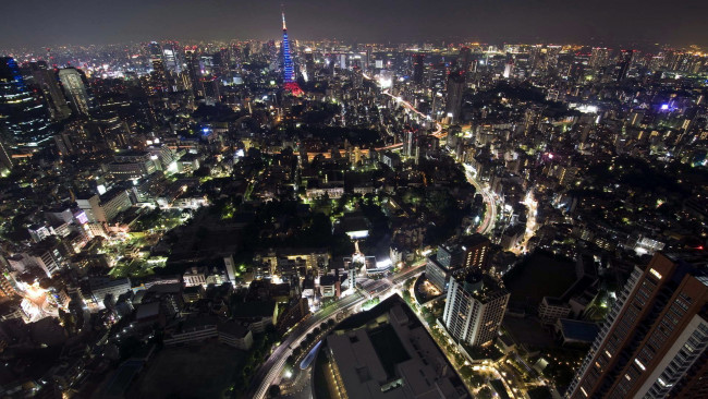 Обои картинки фото города, токио , Япония, вечер, панорама, подсветка
