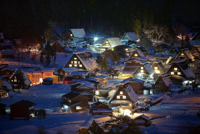 Обои картинки фото shirakawa village, города, - огни ночного города, ночь, Япония, панорама, зима
