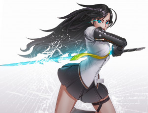 Картинка аниме оружие +техника +технологии юбка меч волосы девушка галстук рубашка арт катана