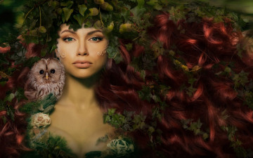 Картинка фэнтези фотоарт фея плющ волосы девушка сова