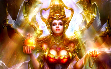 Картинка фэнтези маги +волшебники лицо трон магия девушка царица колдовство свет золото