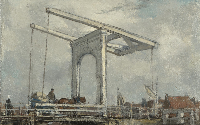 Обои картинки фото jacob maris - a drawbridge in a dutch town, рисованное, живопись, механизм