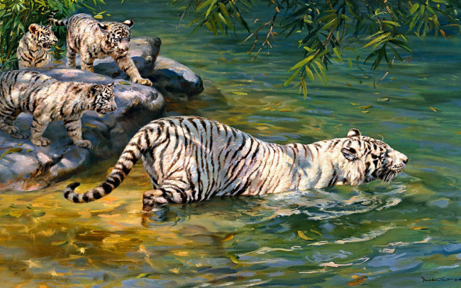 Обои картинки фото рисованное, donald grant, тигрица, тигрята, озеро