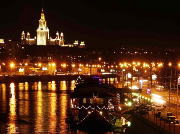 Обои картинки фото ночная, москва, река, города, россия