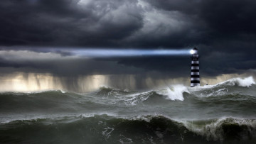 Картинка природа маяки ливень маяк луч стихия тучи небо океан шторм волны