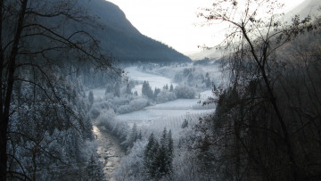 обоя природа, зима, панорама, туман, долина, горы