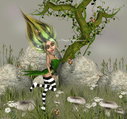 Обои картинки фото 3д, графика, fantasy, фантазия, грибы, дерево, эльфийка, камни, мыши