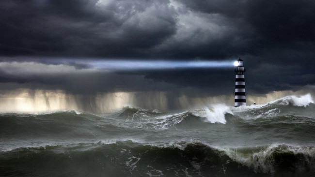 Обои картинки фото природа, маяки, ливень, маяк, луч, стихия, тучи, небо, океан, шторм, волны