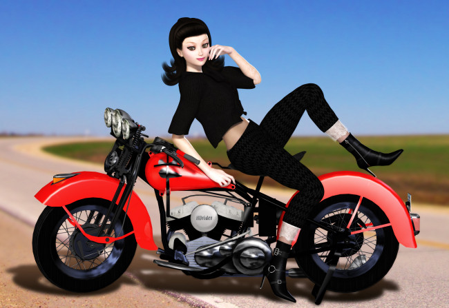 Обои картинки фото мотоциклы, 3d, девушка, взгляд, мотоцикл