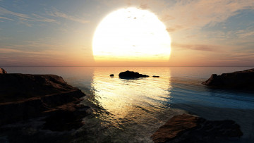 Картинка 3д+графика природа+ nature облака закат солнце скалы море