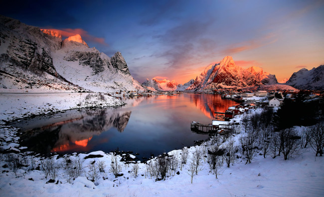 Обои картинки фото города, - пейзажи, норвегия, снег, дома, горы, закат