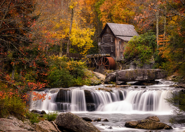 Обои картинки фото разное, мельницы, дом, осень, babcock, park, водопад, лес
