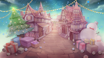Картинка аниме зима +новый+год +рождество дома улица