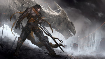 Картинка фэнтези драконы мужчина меч латы фон дракон